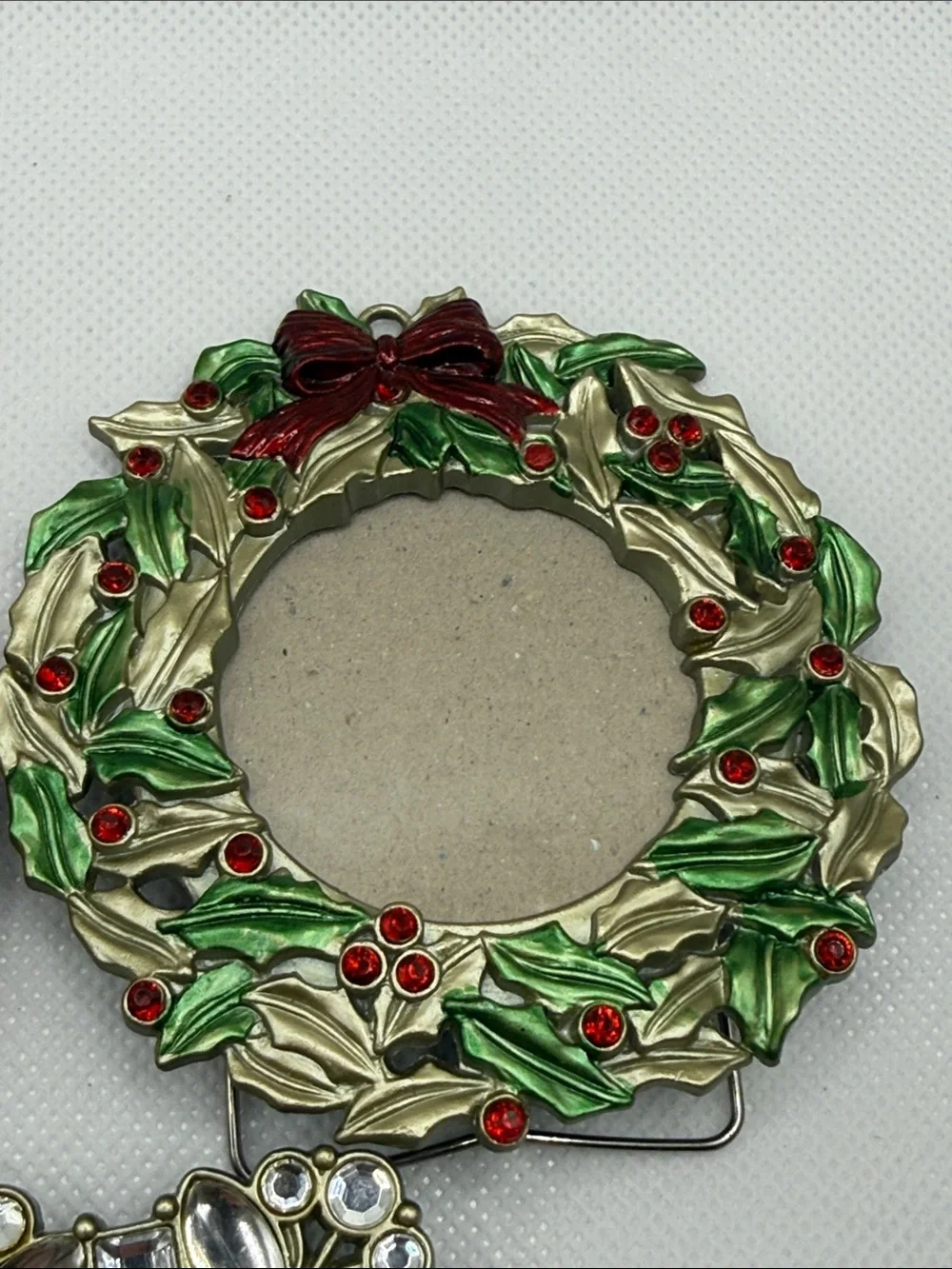 3 Holiday enamel & rhinestone mini photo picture frame wreath ornament bedazzled
